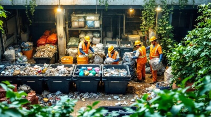 Gambar pabrik bersih dengan tempat sampah teratur.